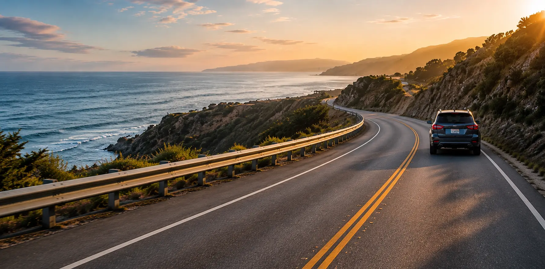 Car driving along a scenic coastal highway at sunset