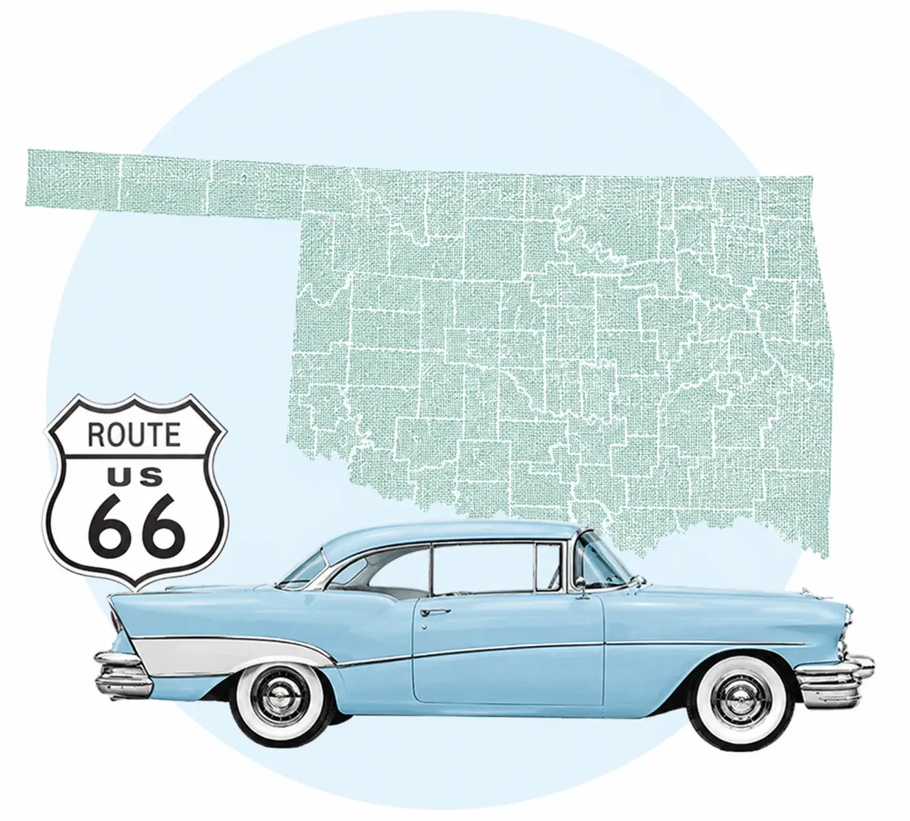 Vintage car beside a Route 66 sign and a map of Oklahoma, representing affordable Bartlesville, Oklahoma car insurance coverage