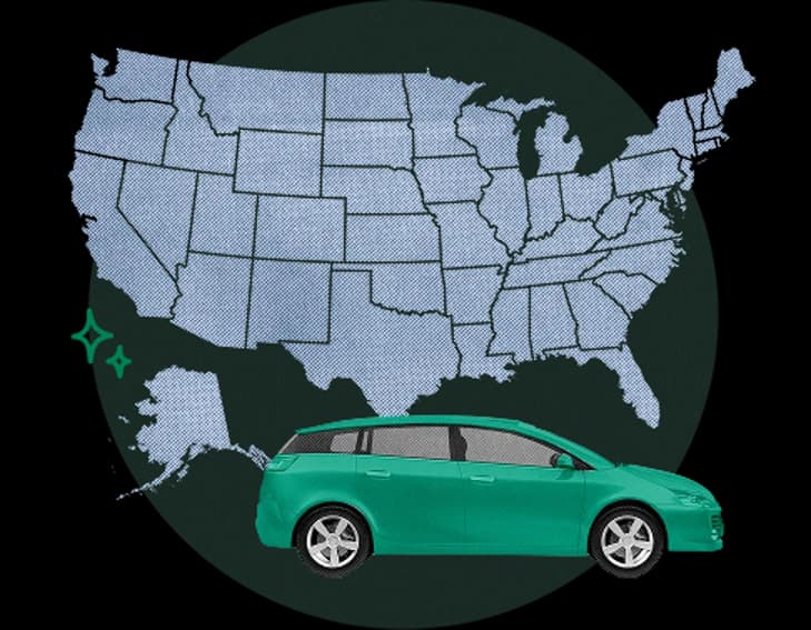 Green car in front of a map of the United States, representing affordable Commerce, Oklahoma car insurance coverage