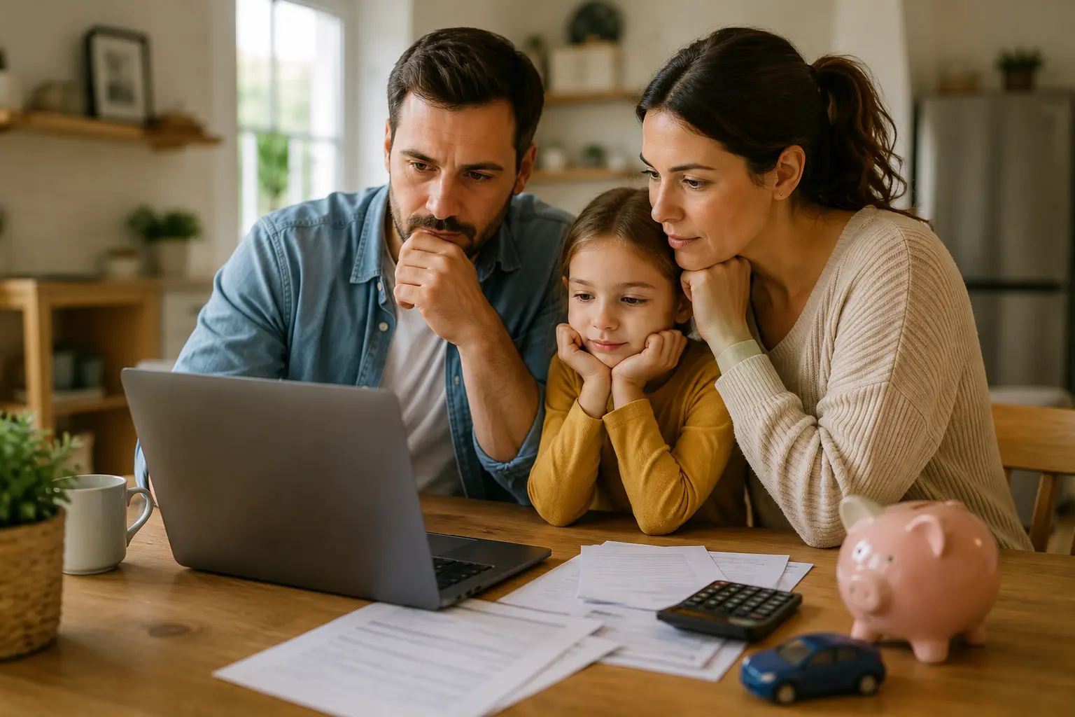 Una familia en la mesa de la cocina revisando papeleo de seguro en una laptop con una calculadora, un carrito de juguete y una alcancía, calculando el verdadero costo de su seguro de auto.