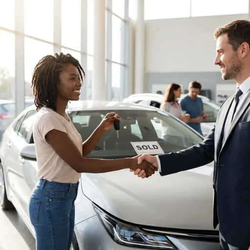 Woman buying a new car and receiving keys from dealer at Oklahoma City dealership with sold sign