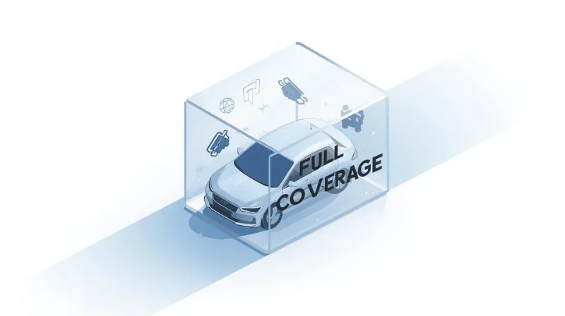 Ilustración de un auto dentro de una caja protectora etiquetada cobertura completa que representa el seguro de auto con cobertura completa sin licencia en Oklahoma City