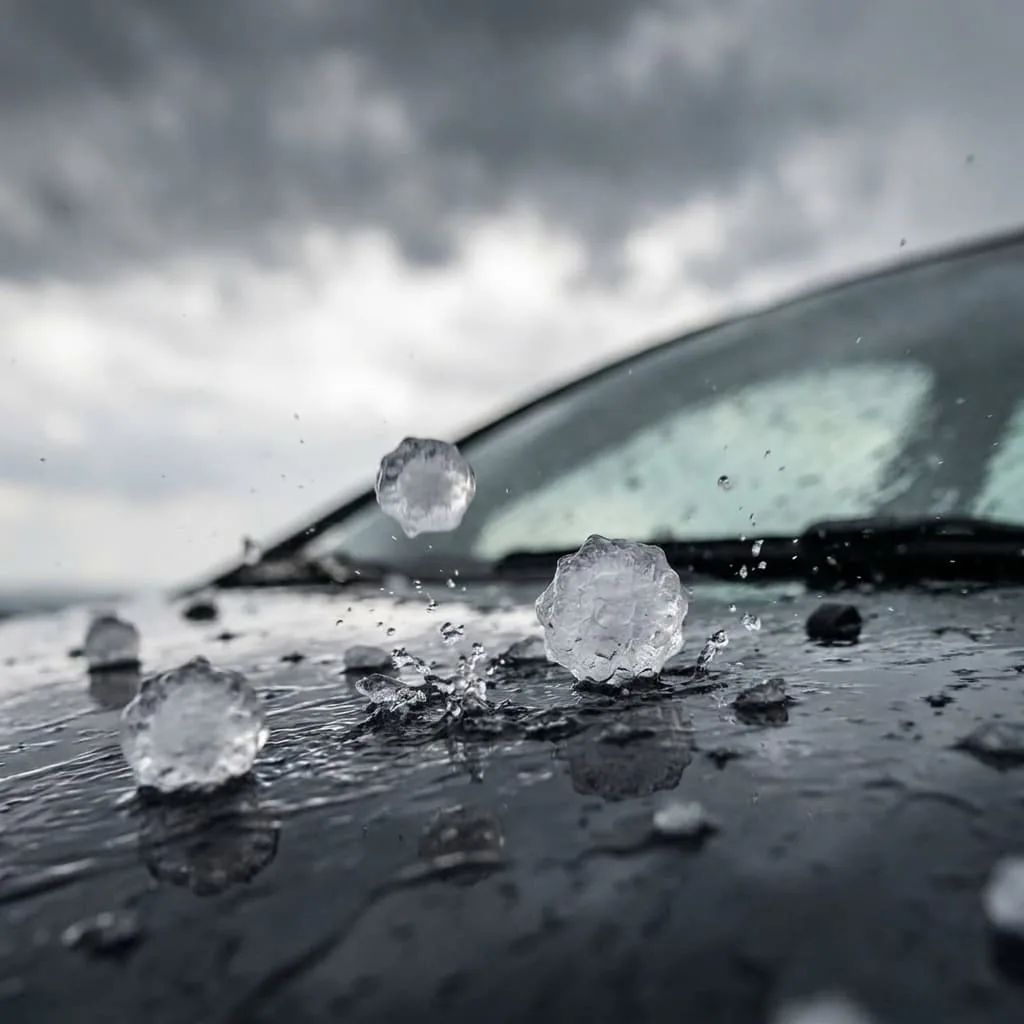 granizo dañando un auto durante una tormenta en Oklahoma mostrando la necesidad de protección de seguro de auto con cobertura completa