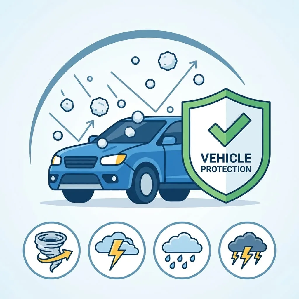 Ilustración de un vehículo de Oklahoma dañado por granizo con gráficos de protección de cobertura completa de seguro