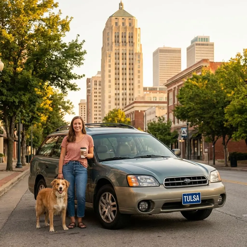 Mujer con un perro parada junto a un auto en el centro de Tulsa, representando la cobertura de seguro de auto local