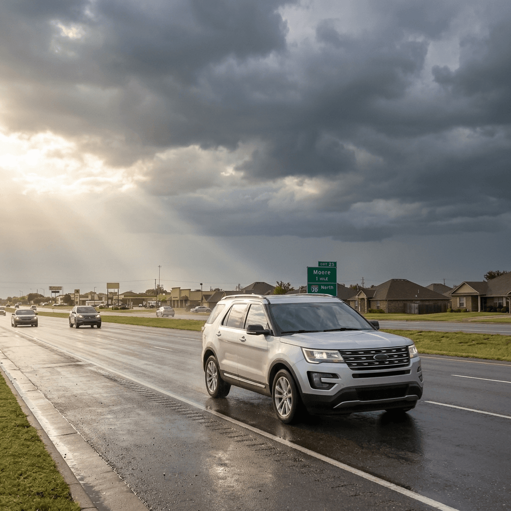 SUV conduciendo por Moore, Oklahoma bajo nubes oscuras de tormenta, que representa la importancia de elegir el seguro de auto correcto para clima severo.