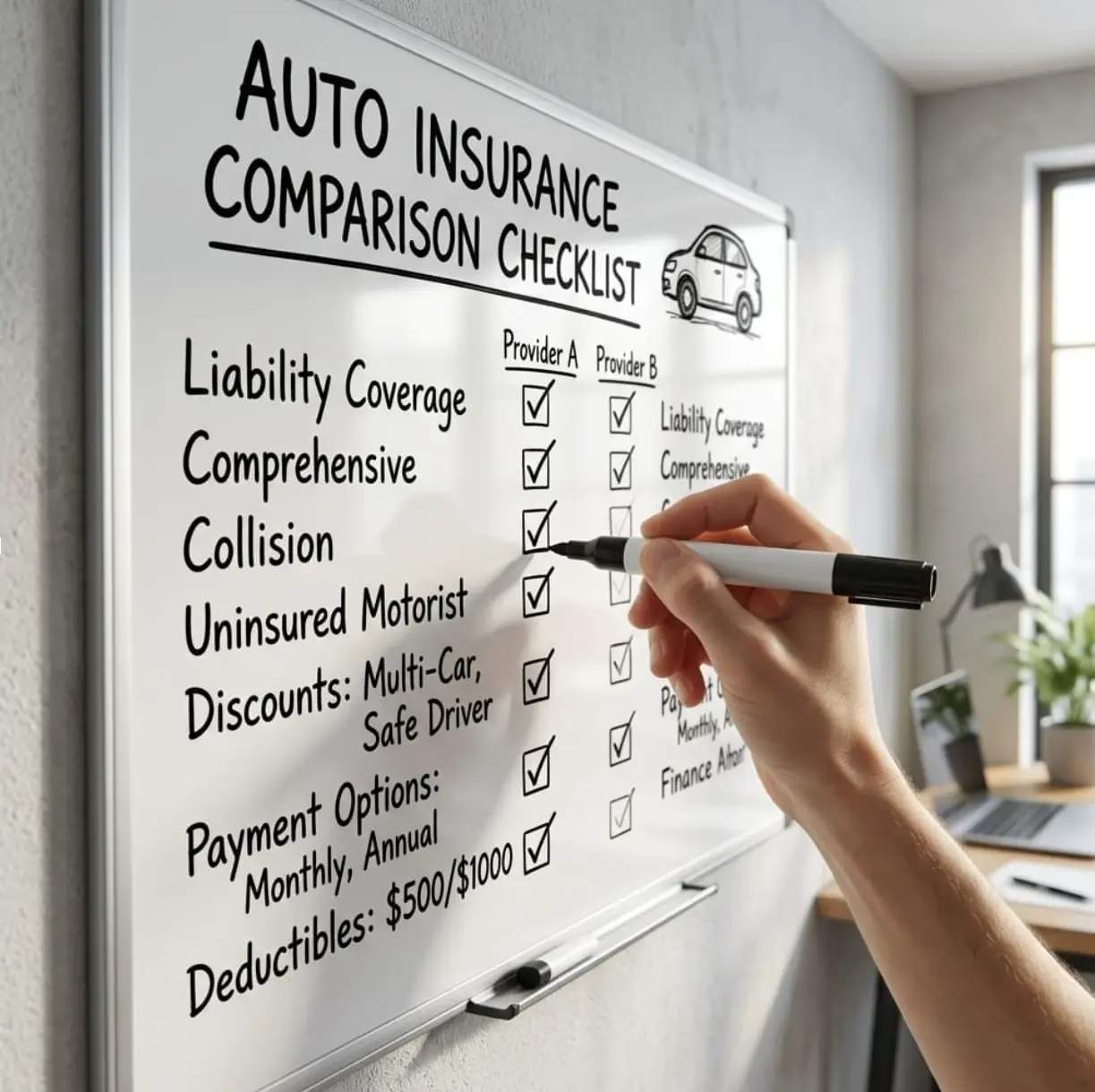 A driver at a kitchen table comparing several auto insurance quotes side by side with a printed checklist, weighing coverage, deductibles, and discounts before choosing a policy.