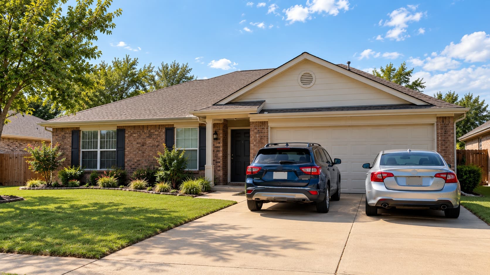 Dark blue SUV and silver sedan parked side by side in the driveway of a suburban Oklahoma brick home.