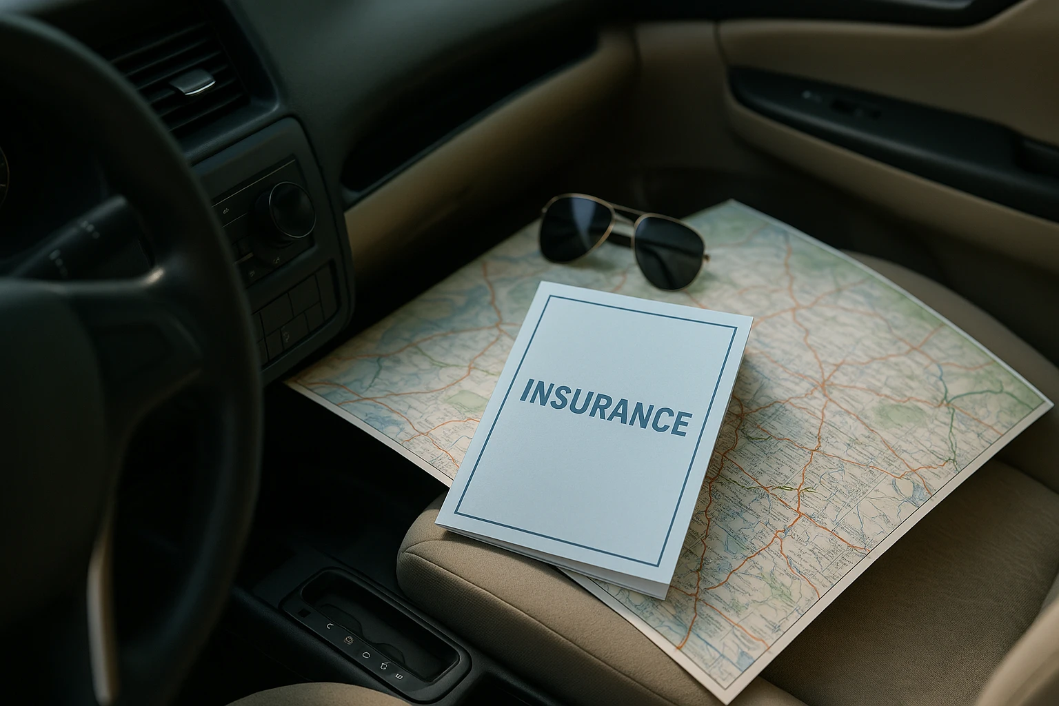 A close-up of a car dashboard with an insurance policy brochure resting on the passenger seat, surrounded by an open road map and a pair of sunglasses on the dashboard, suggesting a journey to discover affordable insurance options.