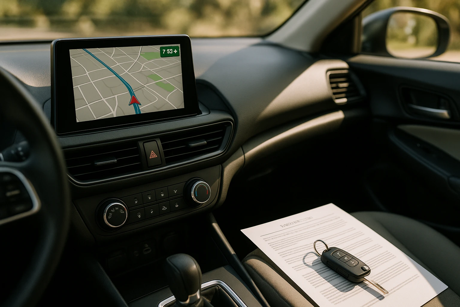 A close-up of a car dashboard with a GPS navigation system displaying a route, alongside insurance policy documents and a pair of car keys on the passenger seat, set in a sunlit parked car.