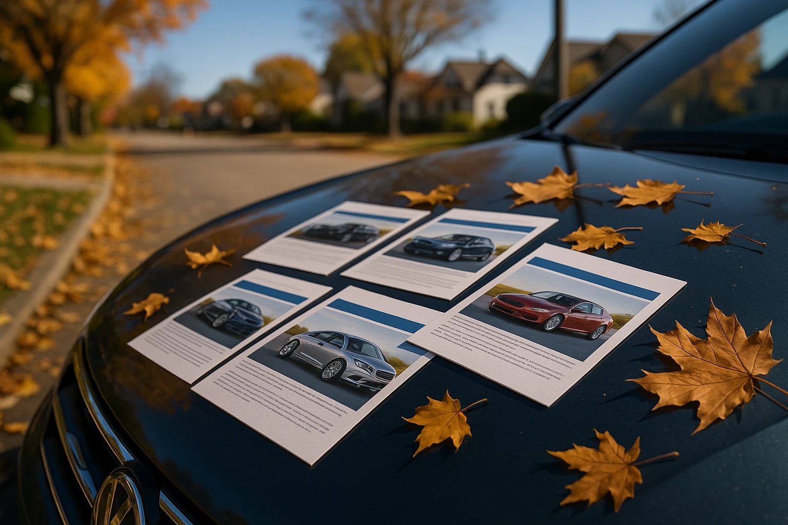 A collection of car insurance policy brochures spread out on the hood of a parked car, surrounded by autumn leaves on a suburban street, with distant houses and a clear blue sky in the background.